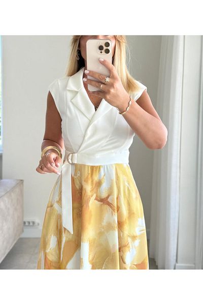 Afiş Butik Yellow Double Breasted Chiffon Skirt Dress