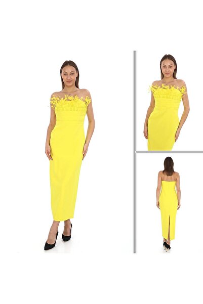 Robes Straplez Model Tüy Detaylı Midi Boy Kalem Elbise