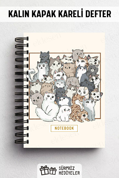 Eldesen Tasarım A5 Spiral Thick Cover Checkered Notepad, 80 Sheets 160 Pages, Cat