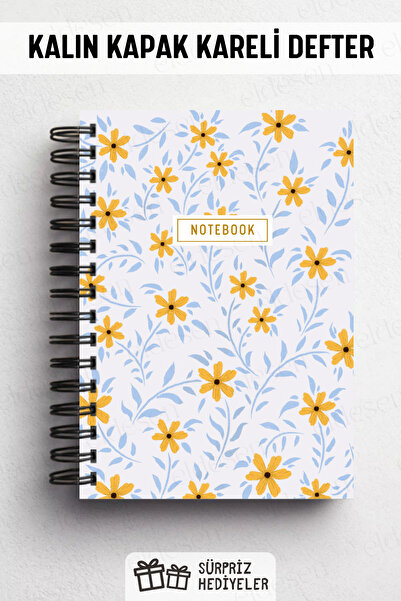 Eldesen Tasarım A5 Spiral Thick Cover Checkered Notepad, 80 Sheets 160 Pages, Daisy