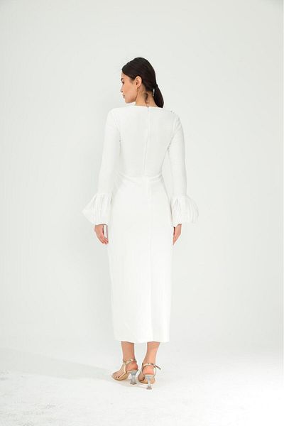 Robes Women's Double Breasted Neckline Balloon Sleeve Pleat and Stones Detail Slit Stylish Evening Dress