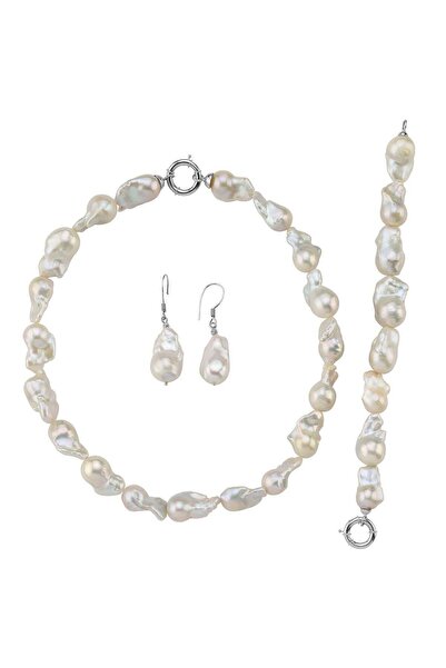 Birinci 925 Ayar Gümüş 22 mm Barok İnci Kolye Bileklik Küpe Üçlü Set