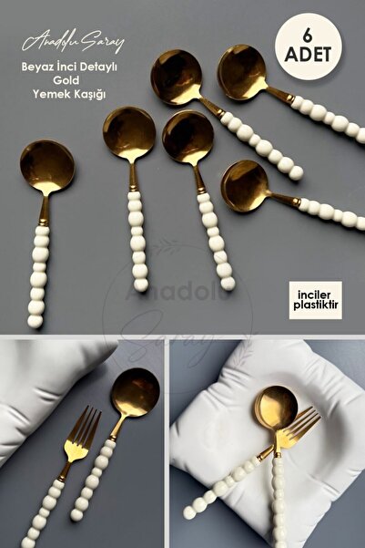 Anadolu Saray 6 Adet Beyaz Plastik İnci Taş Detaylı Gold Yemek Kaşığı Takımı | 6 Parça Lüks Yemek Kaşık Takımı