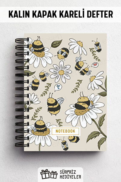 Eldesen Tasarım A5 Spiral Thick Cover Checkered Notepad, 80 Sheets 160 Pages, with Bee