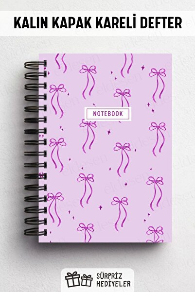 Eldesen Tasarım A5 Spiral Thick Cover Checkered Notepad, 80 Sheets 160 Pages, Purple Bow