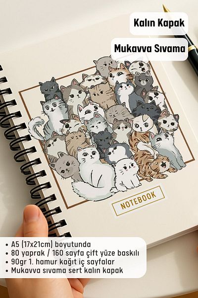 Eldesen Tasarım A5 Spiral Thick Cover Checkered Notepad, 80 Sheets 160 Pages, Cat