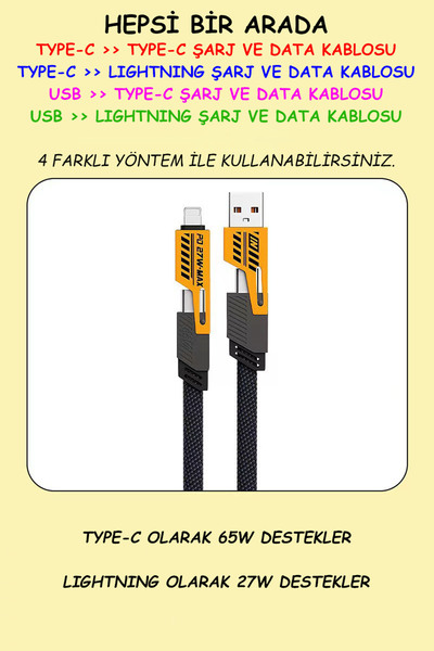 TrkTech 4'ü 1 Arada Hızlı Şarj Kablosu Type-c 65w Lightning 27w + USB ve USB-C Veri Aktarım Kablosu