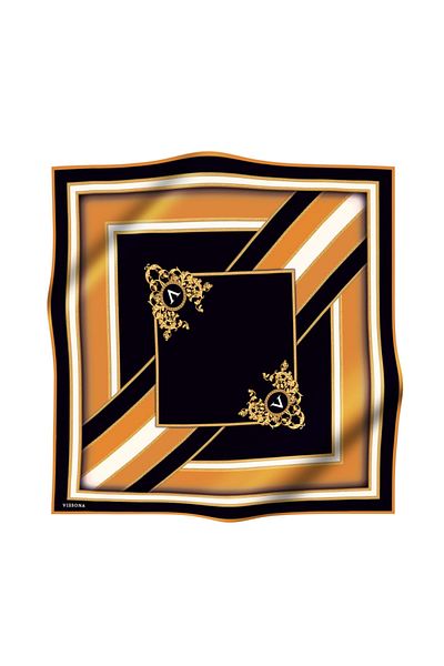 Vissona 100% Twill Silk Baroque και Γεωμετρικό Μουστάρδα - Μαύρο Χρώμα 90x90 Φουλάρι Σχήμα Ραπτικής: Ραμμένο στο χέρι