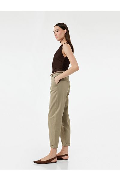Koton High Waist Double Leg Cotton Belted Chino Trousers
