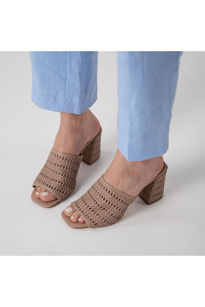 Katy Perry Tan Brown Straw Heeled Women's Slippers