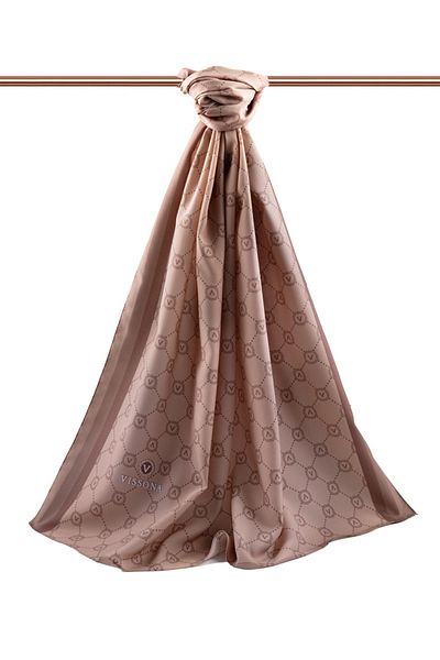 Vissona Luxurious Medina Silk Monogram Patterned Salmon Colored 75X195 Non-Crimp Shalm Moss Crepe Stitch Type Italian Stecker