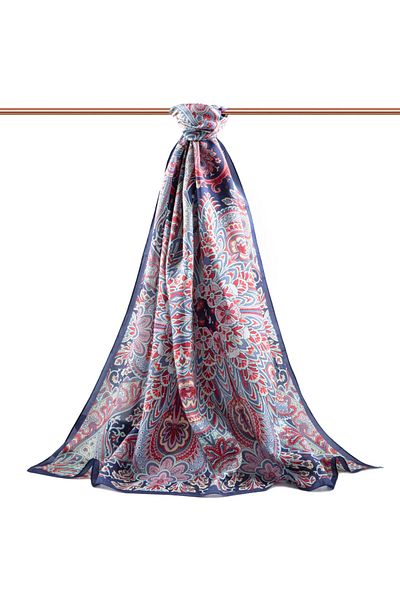 Vissona 100% Silk Ethnic Pattern Navy Blue - Claret Red Χρώμα 92x210 Σάλι
