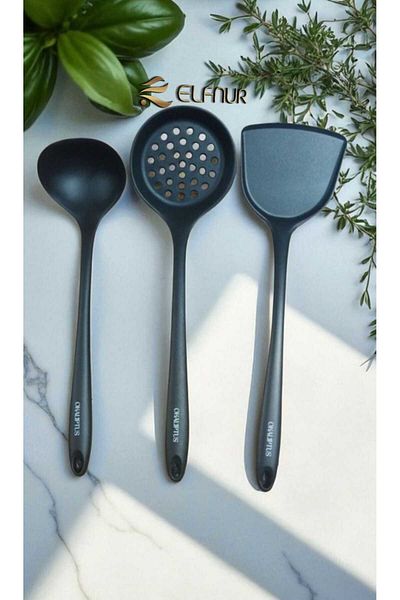 elfnur 3 Pieces Hard Tip Heat Resistant Silicone Colander Sıpatula Ladle Set