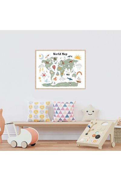 Dekorsiahome Children's Room World Map Themed Wooden Framed Painting