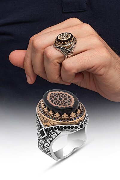 ALYANSEVİM Sıkma Kehribar Taşlı 925 Erkek Gümüş Yüzük