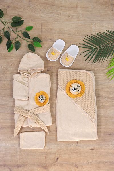 Sitilin Baby Boy Lion Embroidered Luxury Bathrobe Set Towel Set Organic 100% Cotton Fabric 0- 2 Years Stl7055