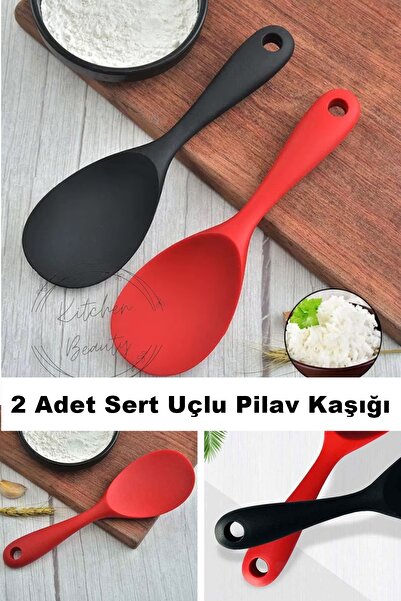 Kitchen Beauty 2 Adet Ultra Sert Uçlu Silikon Servis Pilav Tatlı Kaşığı Kaşık Seti Asılabilir Kaşık Yanmaz Yapışmaz