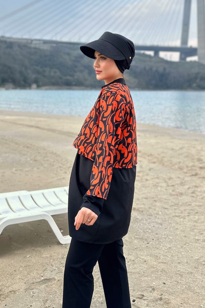 Bipantolon Kadın Turuncu Parça Desenli Beli Ayarlanabilir 3 Parça Tesettür Mayo Takımı 8286