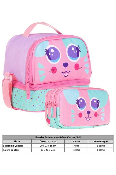 KAUKKO Two Compartment Thermal Insulated Nutrition Pen Holder Set (Cat Pattern) (Pink Green)