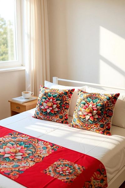 GMhome Red Mandala Patterned Digital Printing Bed Runner and Throw Pillow Cover Set