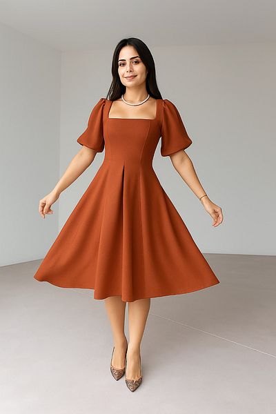 Deafox Rochie Midi din țesătură creponată cu mâneci cu balon și guler pătrat pliat