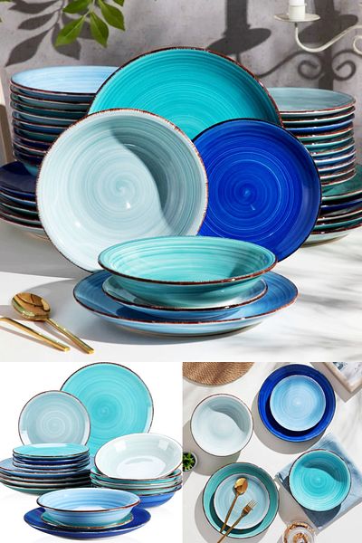 Tavola Set de cină ceramică cu 18 farfurii și boluri, albastru ocean, potrivit pentru mașina de spălat vase, cu microunde, pentru 6 persoane