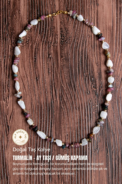 Alp Doğal Taş Sertifikalı Turmalin Ay Taşı Gümüş Kapama Doğal Taş Kolye