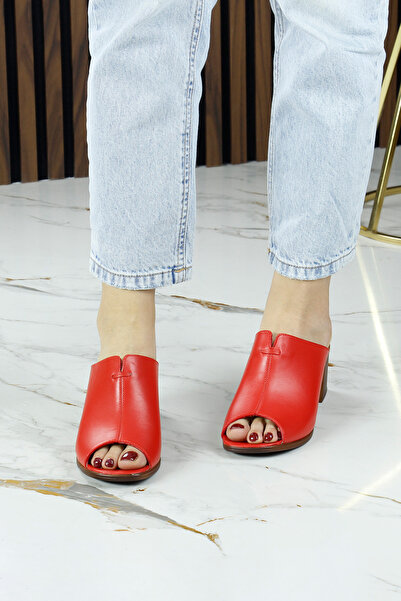 Erkan Saçmacı Valery Red Genuine Calf Leather Open Front Thick Heeled Slippers