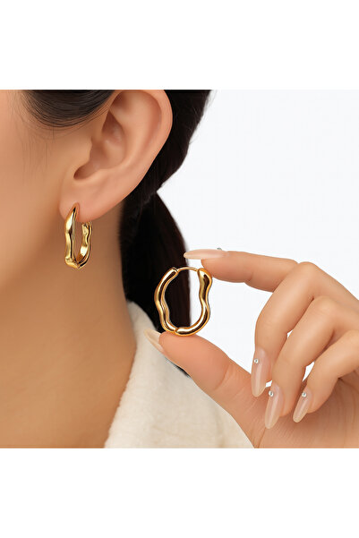 ELMATOLYE Women's Gold Color Organic Form Wave Hoop Earrings |   Elegant Vintage Look Steel Earrings