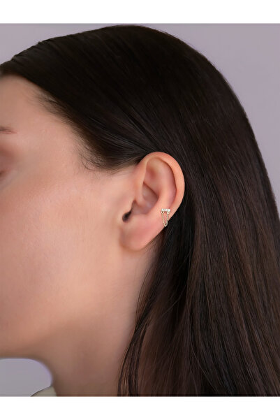 KURSHUNI Line (4 Taş) Zincirli, 14KAltın Kıkırdak Küpe/Piercing (TEK Satılır) Bar Uzunluğu:6,5 mm
