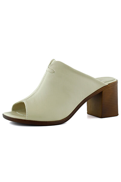 Erkan Saçmacı Valery Beige Genuine Calfskin Open Front Thick Heeled Slippers