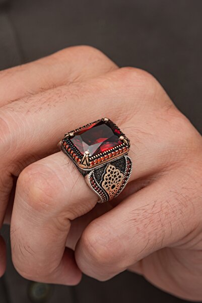 ALYANSEVİM Kırmızı Zirkon Taşlı 925 Gümüş Yüzük Erkek