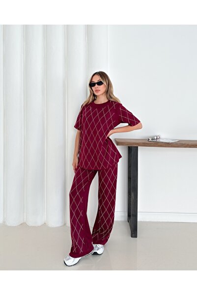 badibadii Women's Casual Diamond Blouse Elastic Waist Trousers Modal Suit 3089 60283231