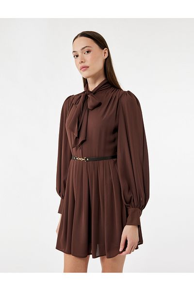 Koton Regular Fit Long Sleeve Belted Scarf Neck Mini Dress