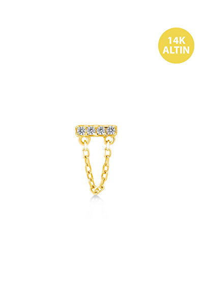 KURSHUNI Line (4 Taş) Zincirli, 14KAltın Kıkırdak Küpe/Piercing (TEK Satılır) Bar Uzunluğu:6,5 mm