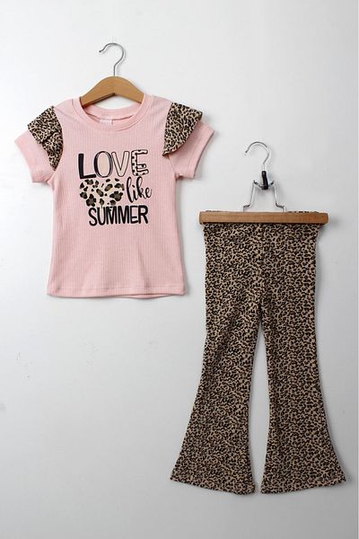 ESİLA KİDS Girl's Leopard Patterned Summer Double Suit Short Sleeve T-Shirt and Leggings