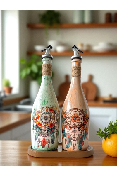 Mes Reves Special Design Dream Catcher Patterned 2-Piece 750 ml Olive Oil Liquid Bottle with Presentation Stand Oil Pot