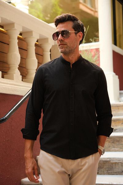 Fitmens Prevailing Collar Slim Fit Linen Gift Boxed Men's Shirt Fs- 003042   - Black