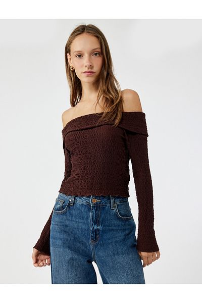 Koton Slim Fit Textured Off-The-Shoulder Long Sleeve T-Shirt