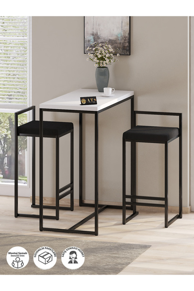 ATS Dekor BARVİA , 2'Li Bar Masa Takımı ,Metal Ayaklı ,Mutfak Masası, Siyah B...