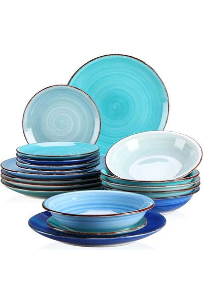 Tavola Set de cină ceramică cu 18 farfurii și boluri, albastru ocean, potrivit pentru mașina de spălat vase, cu microunde, pentru 6 persoane