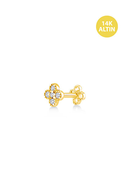 KURSHUNI Taşlı Mini Yonca, 14 Ayar Altın Kıkırdak Küpe/Piercing (TEK Satılır) Bar Uzunluğu:6,5 mm