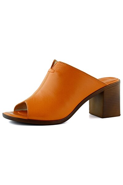 Erkan Saçmacı Valery Orange Genuine Calfskin Open Front Thick Heeled Slippers