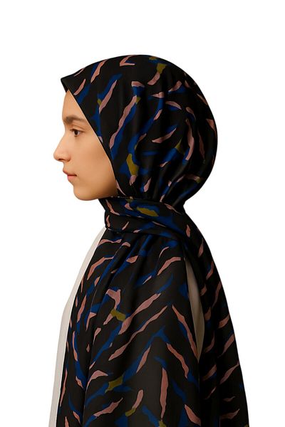 Stella Eşarp Women's Black with Pink-Blue Color Zebra Pattern Thin Chiffon Shawl
