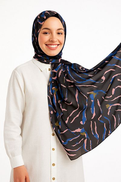 Stella Eşarp Women's Black with Pink-Blue Color Zebra Pattern Thin Chiffon Shawl