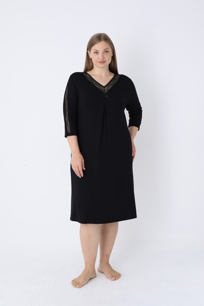 Cotpark Cămașă de noapte neagră din țesătură lycra viscoză de mărime mare pentru femei, cu detaliu din dantelă 13706