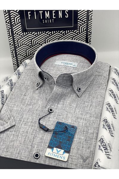 Fitmens Classic Short Sleeve Linen Collar Buttoned Men's Shirt with Gift Box Fs- 003626   - Gray