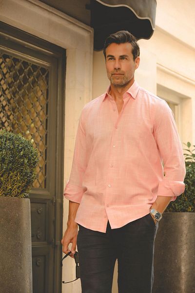 Fitmens Classic Long Sleeve Linen Collar Bottom Button Men's Shirt with Gift Box Fs- 003686   Melon Inside