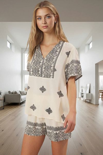 PayBuy Women's Comfortable Viscose Pajama Set Ethnic Patterned Summer Shorts Regular Fit Modern Style