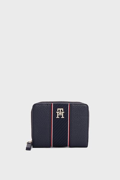 Tommy Hilfiger Women's Stripe Stripe Monogram Logo Leather Blue Wallet with Extra Card Holder Section Zipper Closure Aw0Aw16